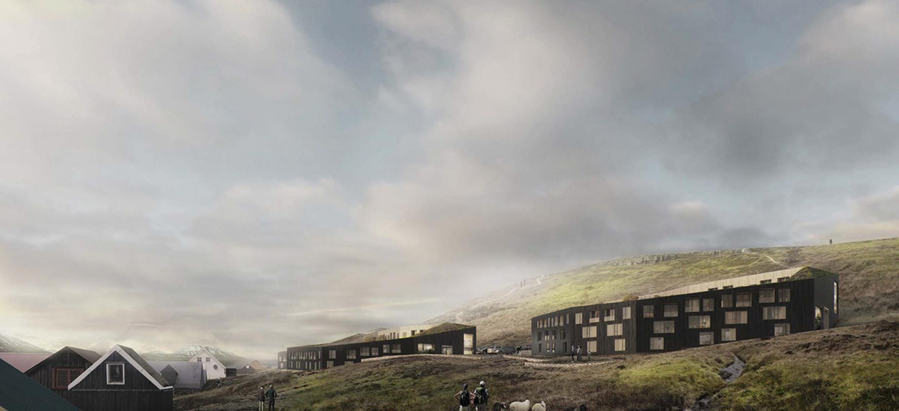 Render of houses in a hill in Runavik.