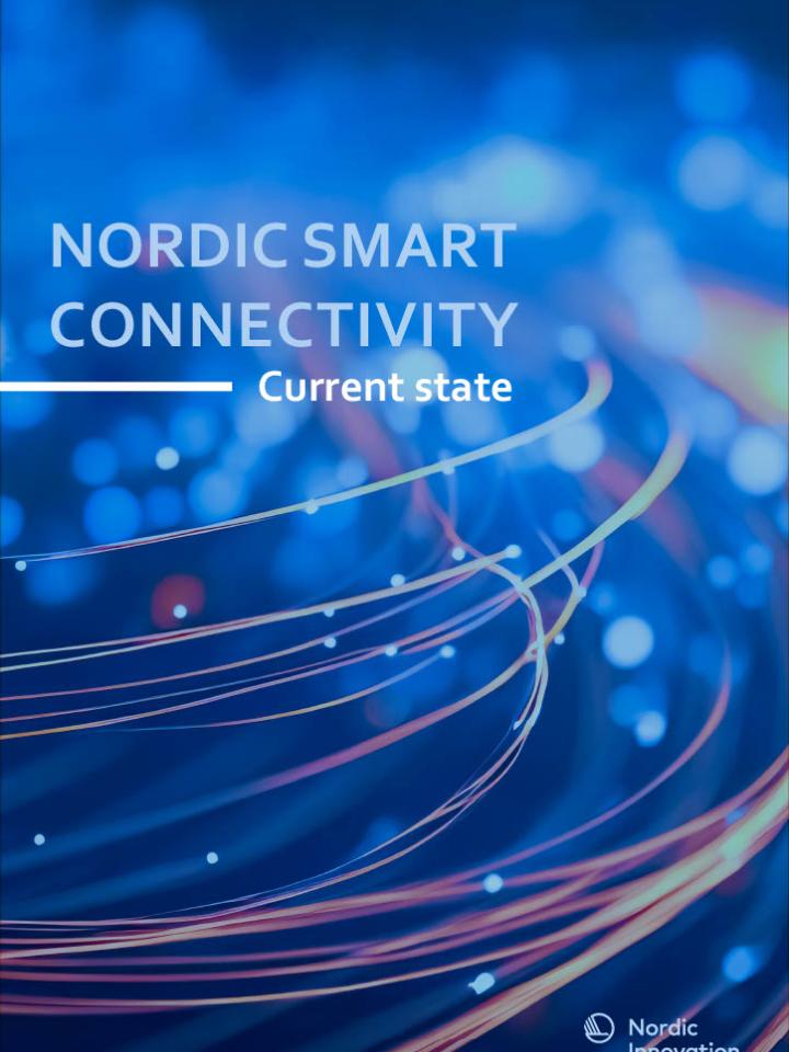 Forside Nordic Smart Connectivity. Blå farver og circler i rød og gul