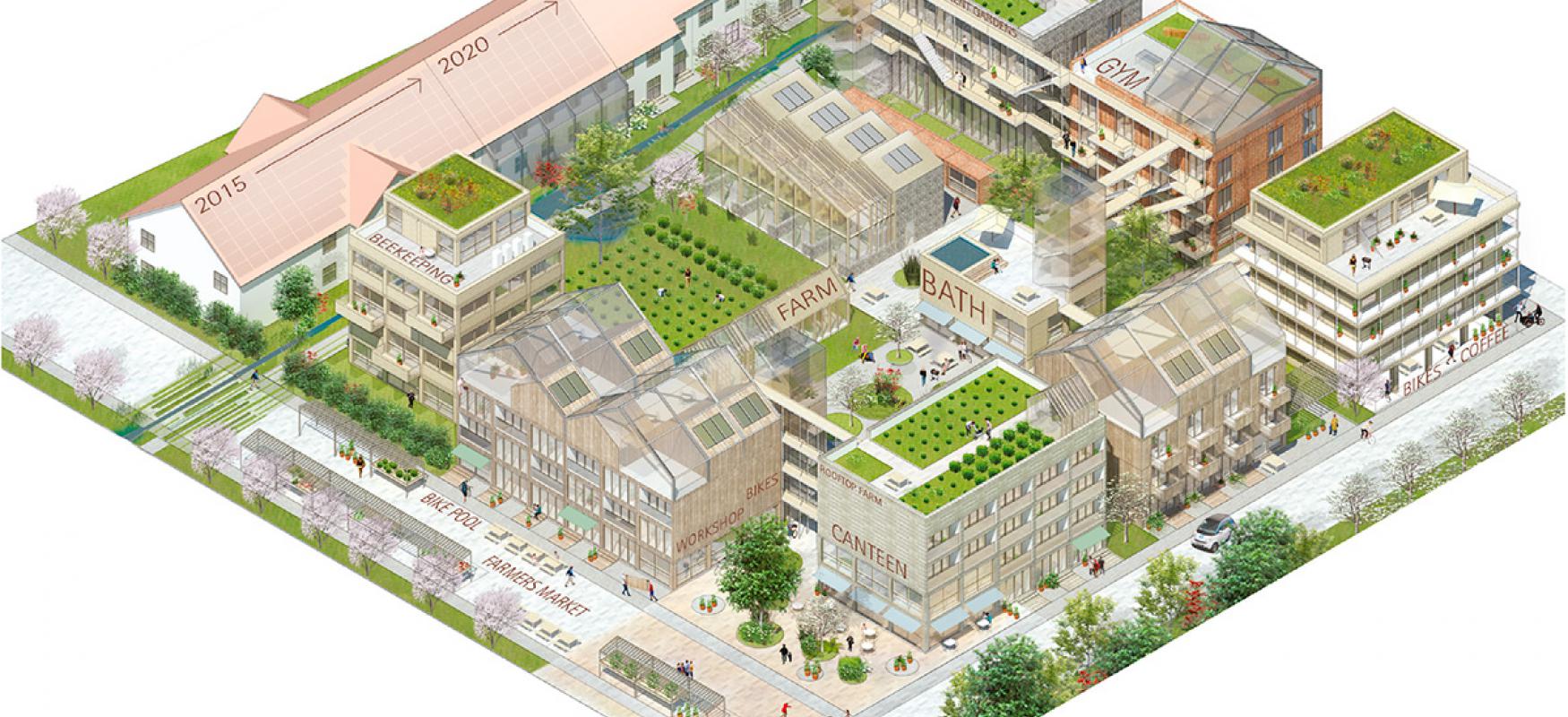 Rendering of the project showing a block of new housing.