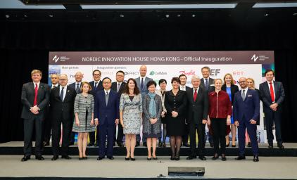 A crowd on-stage at the opening of Nordic Innovation House in Hong Kong.