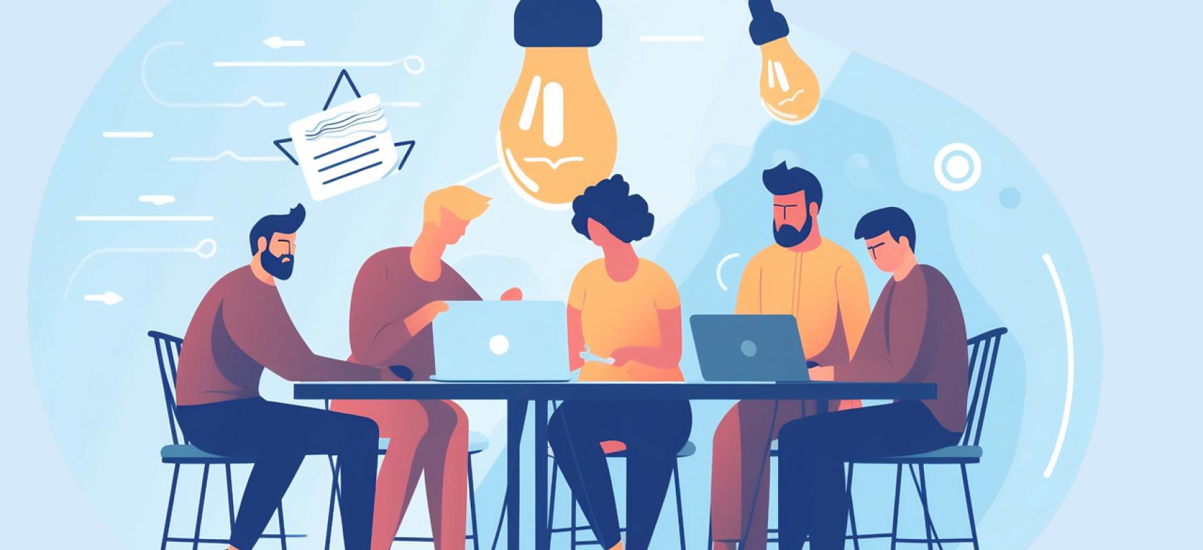 Workshop illustration in cartoon style. People working together around a table.