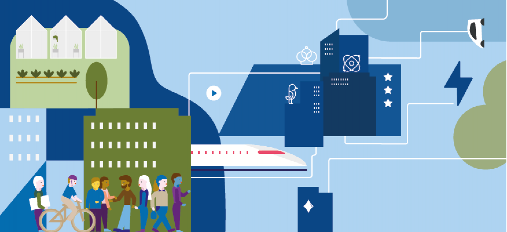 A train, trees and group of people illustrated agains a blue background.